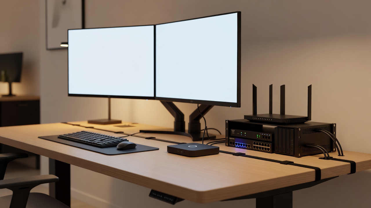 Modern home office with smart home setup