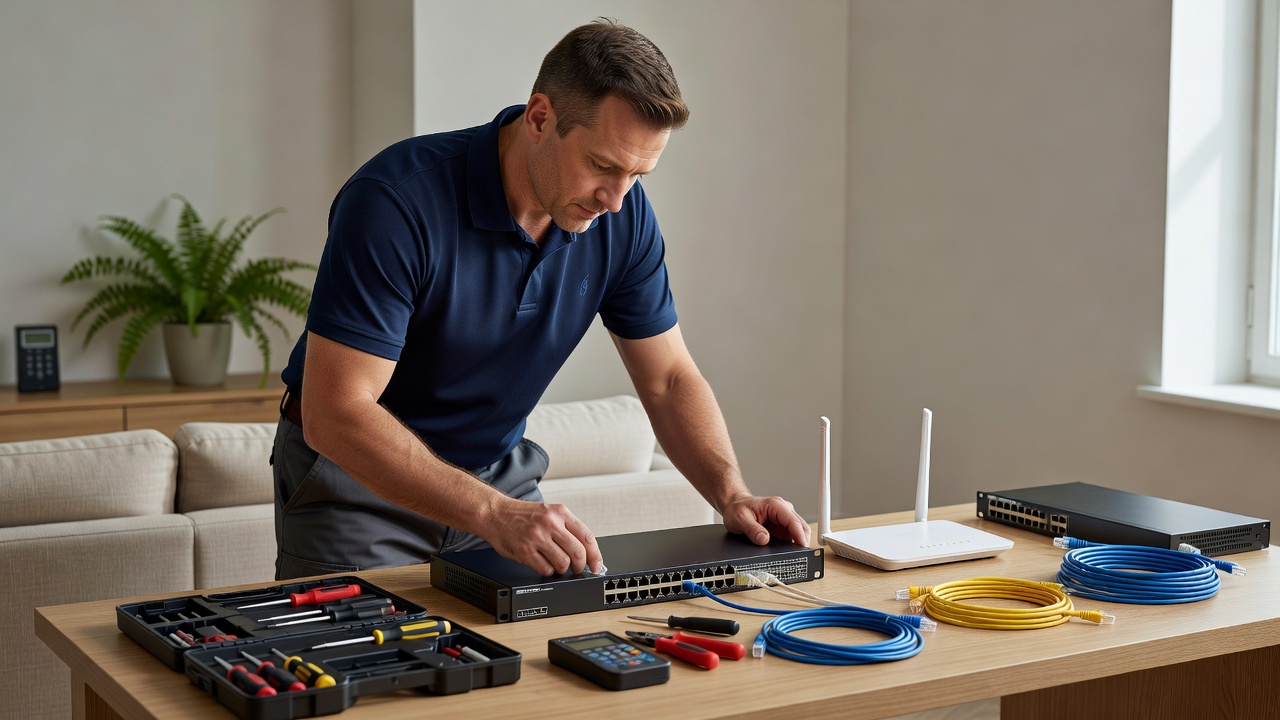IT technician installing network equipment