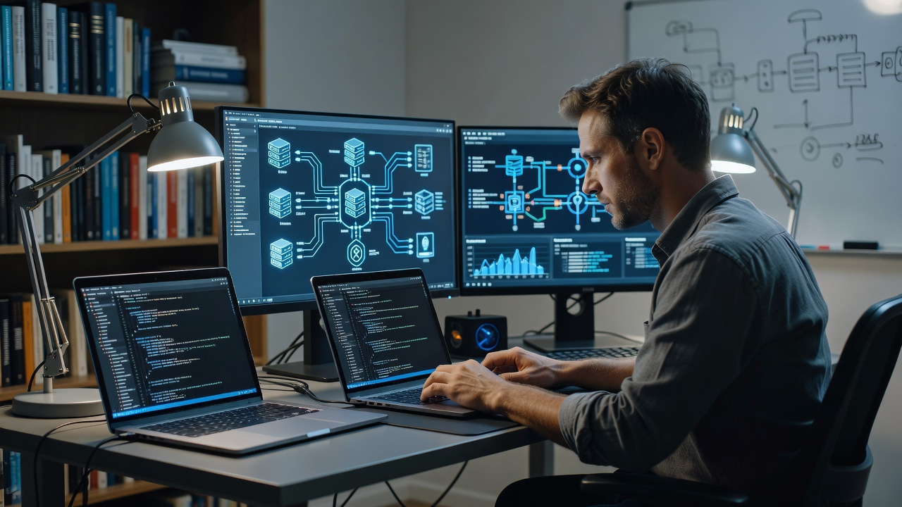 Network and VPN setup on a home office desk